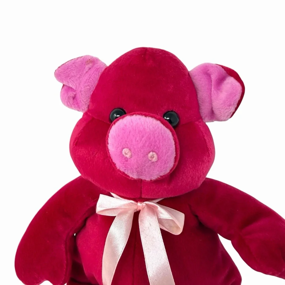 Kellytoy Magenta Pink Pig Plush Stuffed Animal Bean Bag Toy with‎ Ribbon 9 inch